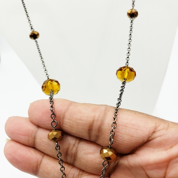 Dainty Long Necklace | Dark Chain Amber-tone Beads - Picture 3 of 8